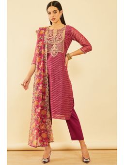 Soch - Women Wine Chanderi Embroidered Kurta with Pant and Dupatta (Set of 3)