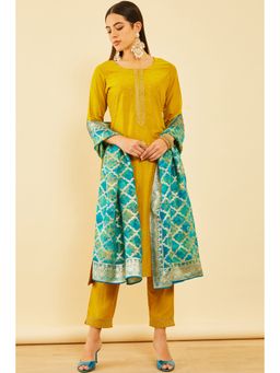 Soch - Women Mustard Rayon Embroidered Kurta with Pant and Dupatta (Set of 3)