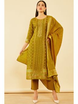 Soch - Women Mehendi Brocade Embroidered Kurta with Pant and Dupatta (Set of 3)