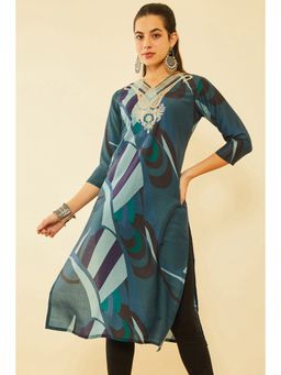 Soch - Women Teal Cotton Abstract Print Kurta