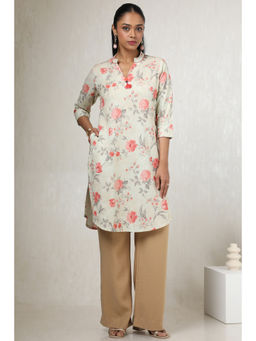 Soch - Womens Beige Cotton Linen Floral Print Kurta