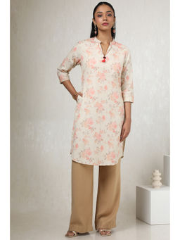 Soch - Womens Beige Cotton Linen Floral Print Kurta