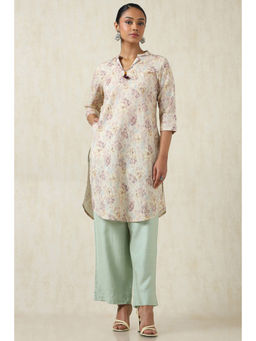 Soch - Womens Beige Cotton Linen Botanical Print Kurta