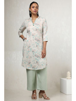 Soch - Womens Beige Cotton Linen Floral Print Kurta