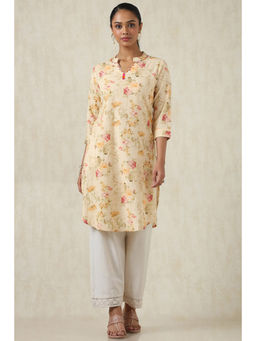 Soch - Womens Beige Cotton Linen Botanical Kurta
