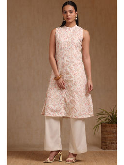Soch - Womens Peach Linen Ikat Print Kurta