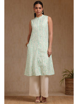 Soch - Womens Green Linen Ikat Print Kurta