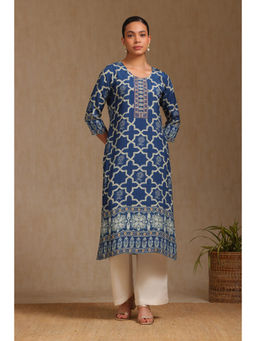 Soch - Womens Blue Viscose Muslin Botanical Print Kurta