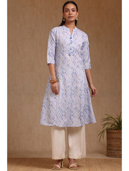Soch - Womens Blue Linen Geometric Tassels Print Kurta