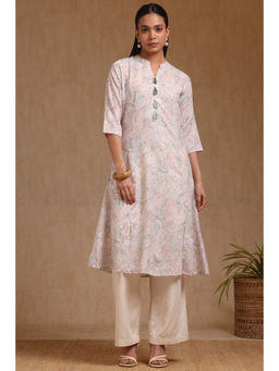 Soch - Womens Beige Linen Floral Print Kurta