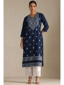 Soch - Womens Navy Blue Denim Geometric Print Kurta