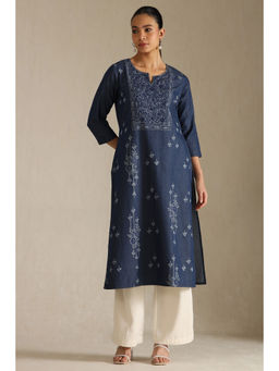 Soch - Womens Navy Blue Denim Floral Print Kurta