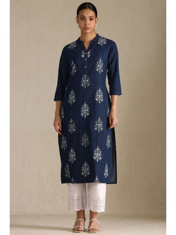 Soch - Womens Navy Blue Denim Floral Print Kurta