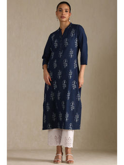 Soch - Womens Navy Blue Denim Floral Print Kurta