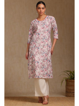 Soch - Womens Pink Linen Botanical Print Kurta
