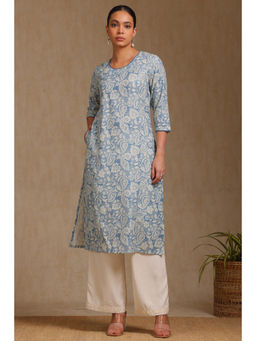 Soch - Womens Blue Linen Botanical Print Kurta