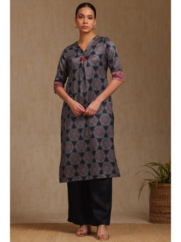 Soch - Womens Black Satin Geometric Print Kurta