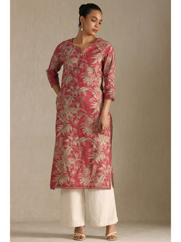 Soch - Womens Pink Linen Botanical Print Kurta
