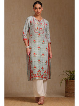 Soch - Womens Sap Green Muslin Botanical Print Kurta