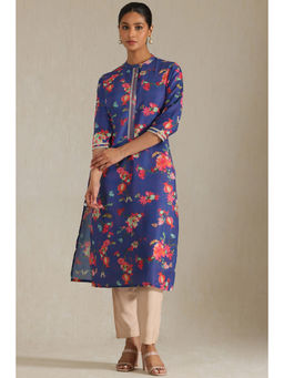 Soch - Womens Blue Muslin Botanical Print Kurta