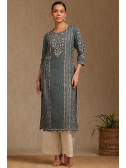 Soch - Womens Green Rayon Botanical Print Kurta