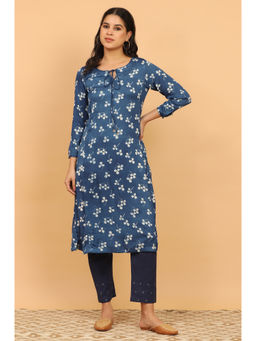 Folksong - Blue Modal Satin Handblock Print Kurta