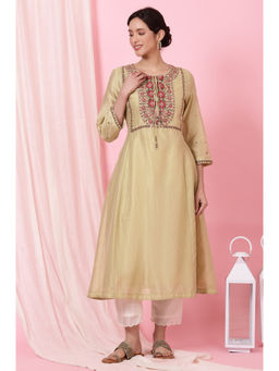 Folksong - Beige Multicoloured Aari Embroidery Kurta