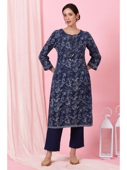 Folksong - Navy Blue Handblock Print Straight Kurta