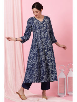 Folksong - Navy Blue Handblock Print Flared Cotton Kurta