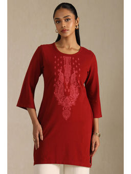 Soch - Womens Maroon Cotton Embroidered Kurti