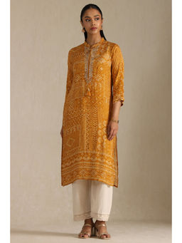 Soch - Womens Mustard Muslin Bandhani Print Kurta with Zardosi