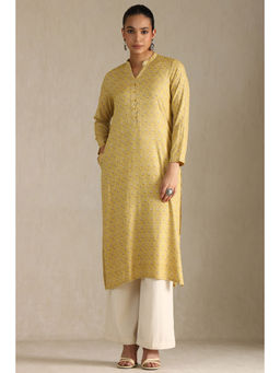 Soch - Womens Yellow Rayon Slub Floral Print Kurta