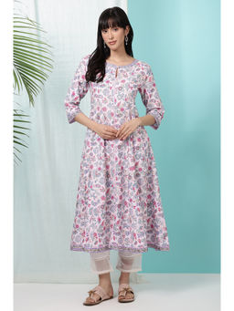 W - Pink Floral Glitter Printed Pure Cotton Anarkali Kurta