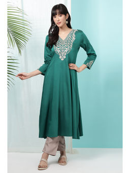 W - Dark Green Embroidered Flared Festive Kurta