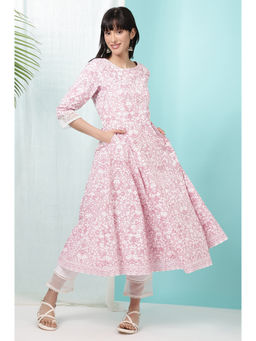 W - Pink Floral Printed Pure Cotton Anarkali Kurta