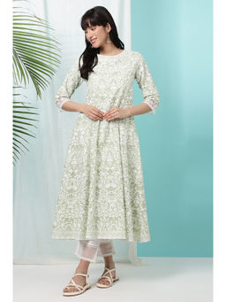 W - Green Floral Printed Pure Cotton Anarkali Kurta