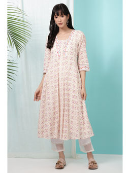W - Beige Floral Printed Pure Cotton A-Line Kurta