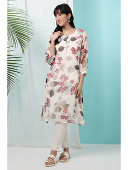 W - Off White Floral Printed Chiffon Straight Kurta
