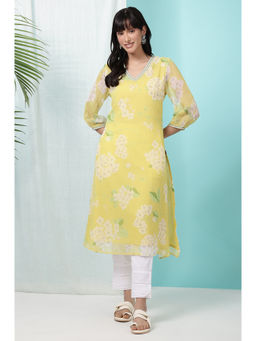 W - Yellow Floral Printed Chiffon Flared Kurta