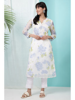 W - Floral White Printed Kota Straight Kurta