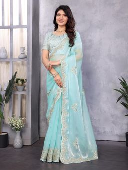 Elora - Ocean Blue Shimmer Chiffon Butta Bollywood Saree with Unstitched Blouse