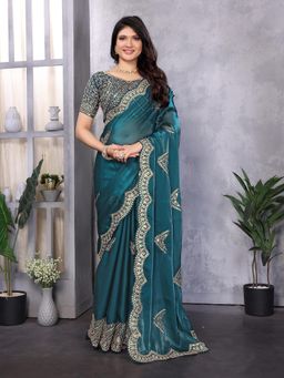 Elora - Teal Shimmer Chiffon Butta Bollywood Saree with Unstitched Blouse