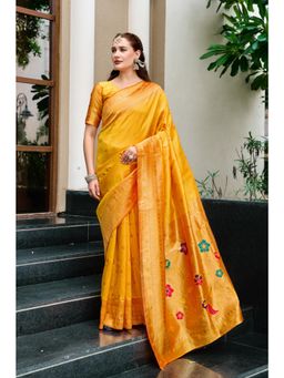 Elora - Orange Woven Floral Silk Blend Zari Weaving Paithani Saree with Unstitched Blouse