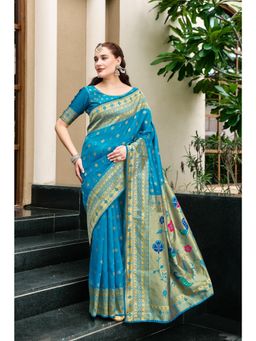 Elora - Royal Blue Woven Floral Silk Blend Zari Weaving Paithani Saree with Unstitched Blouse