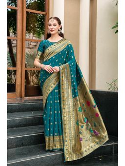 Elora - Deep Teal Woven Floral Silk Blend Zari Weaving Paithani Saree with Unstitched Blouse