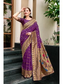 Elora - Purple Woven Floral Silk Blend Zari Weaving Paithani Saree with Unstitched Blouse