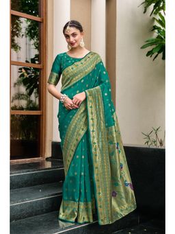 Elora - Green Woven Floral Silk Blend Zari Weaving Paithani Saree with Unstitched Blouse