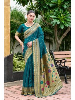 Elora - Deep Teal Woven Floral Silk Blend Zari Weaving Paithani Saree with Unstitched Blouse