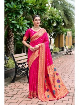Elora - Hot Pink Woven Floral Silk Blend Zari Weaving Paithani Saree with Unstitched Blouse