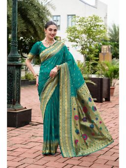 Elora - Green Woven Floral Silk Blend Zari Weaving Paithani Saree with Unstitched Blouse